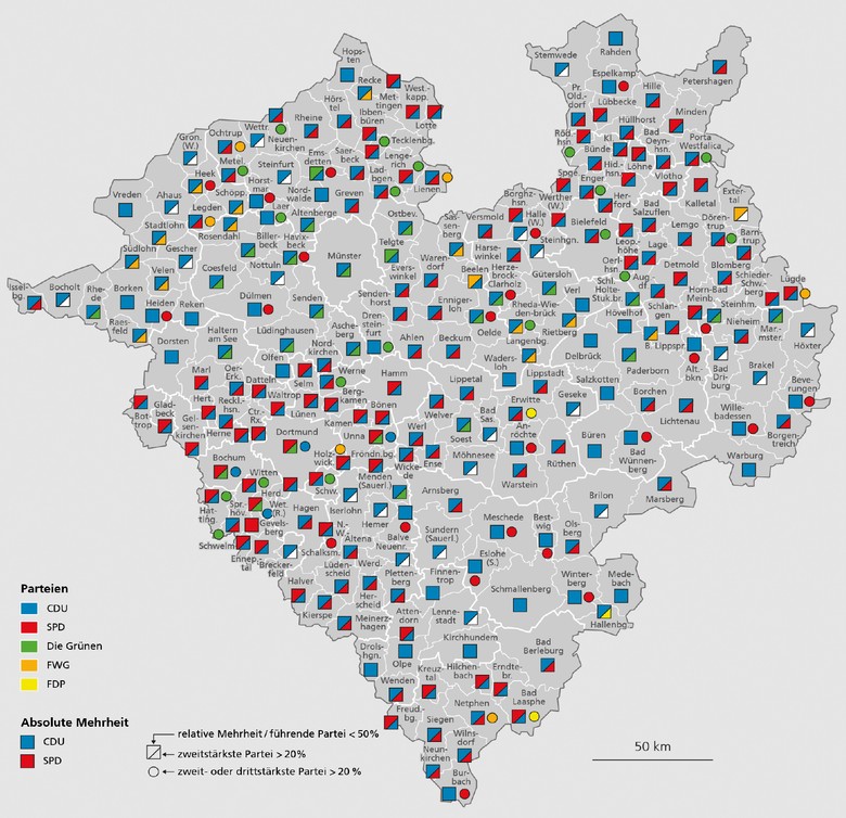 Karte mit Mehrheiten und Rangfolgen der Parteien in den Städten und Gemeinden Westfalens bei der Kommunalwahl 2020