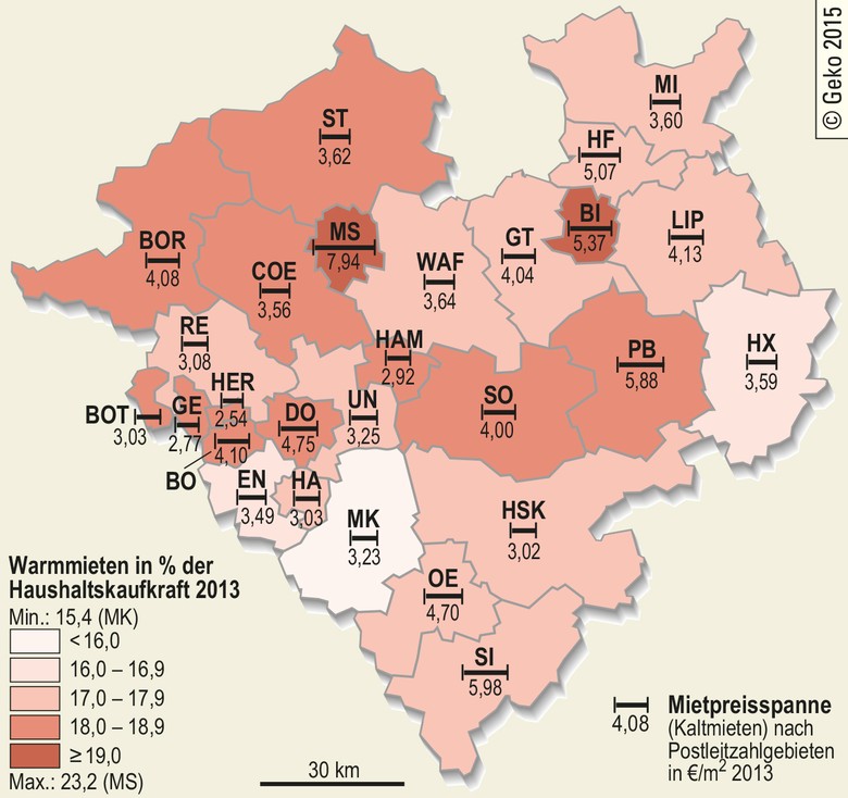 Anteil der Warmmieten an der Haushaltskaufkraft und Mietpreisspannen im Vergleich der Postleitzahlgebiete der Kreise/kreisfreien Städte 2013