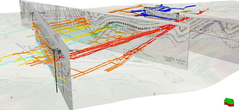 Dreidimensionale Darstellung des Bergwerkes Franziska mit dem Franziska-Erbstollen