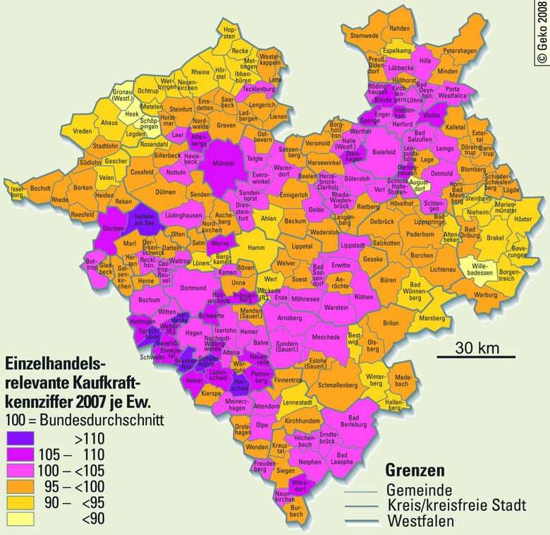 Einzelhandelsrelevante Kaufkraftkennziffer 2007 je Einwohner