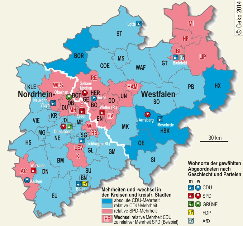 Mehrheiten und Wechsel in den Kreisen/kreisfreien Städten, Wohnorte der gewählten Abgeordneten in NRW