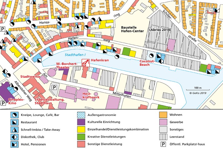 Karte mit den Nutzungsstrukturen im Erdgeschoss im Hafenviertel und am Kreativkai in Münster im Jahr 2017