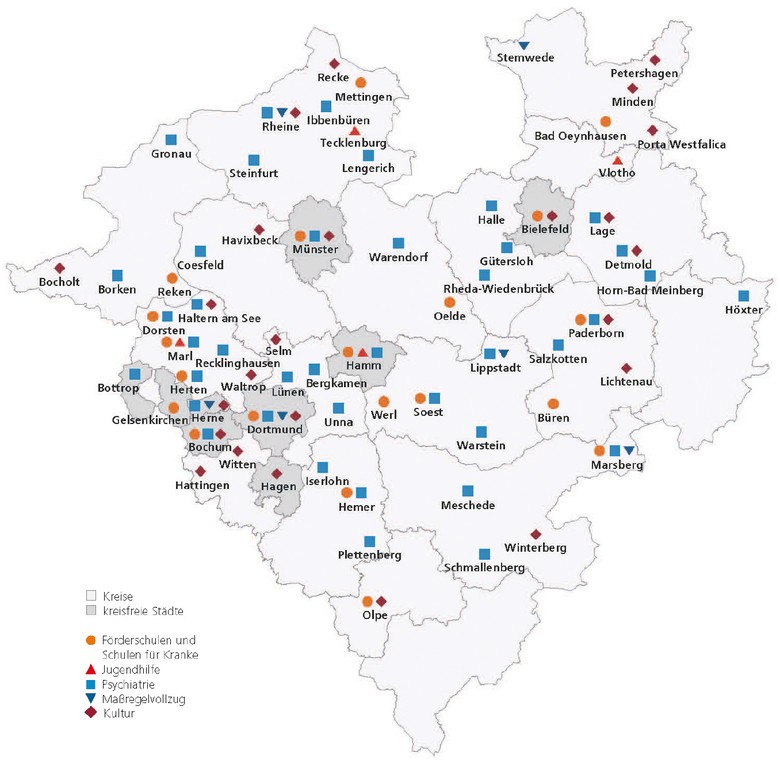 Die Standorte der Einrichtungen und Außenstellen des LWL in Westfalen-Lippe im Jahr 2021