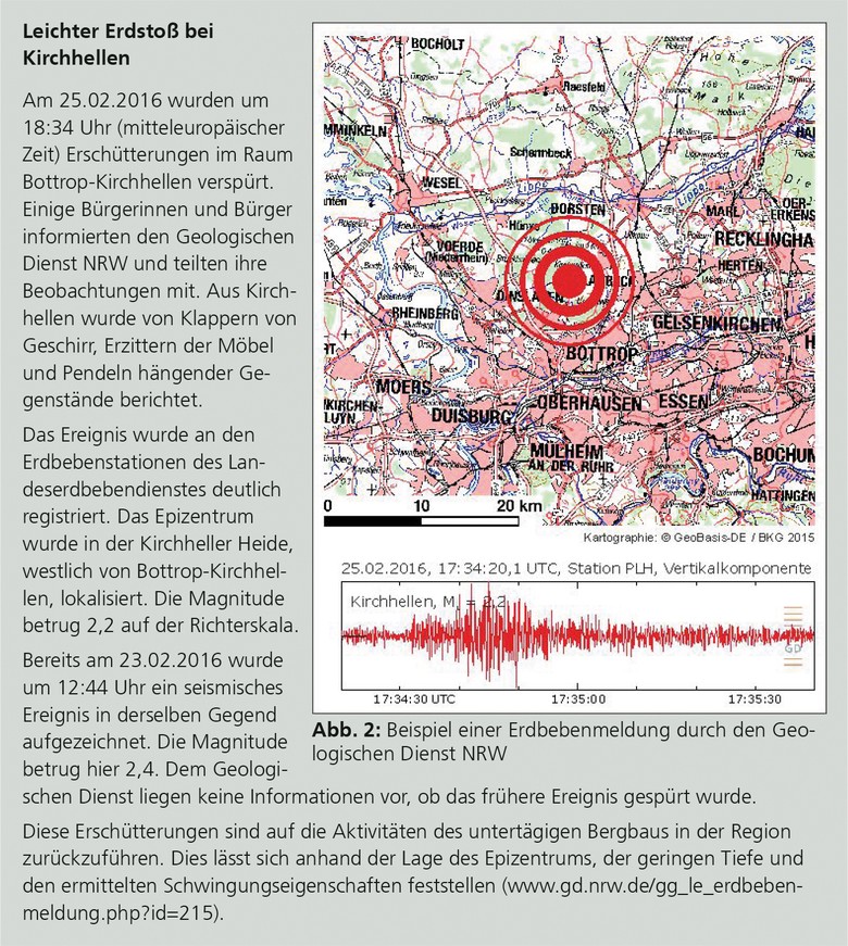 Info-Kasten mit Beschreibung einer Erdbebenmeldung aus Bottrop-Kirchhellen
