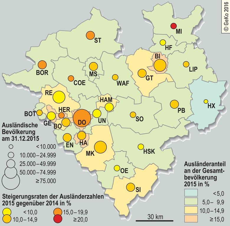 Ausländische Bevölkerung und deren Anteile an der Gesamtbevölkerung 2015 sowie Steigerungsraten gegenüber 2014