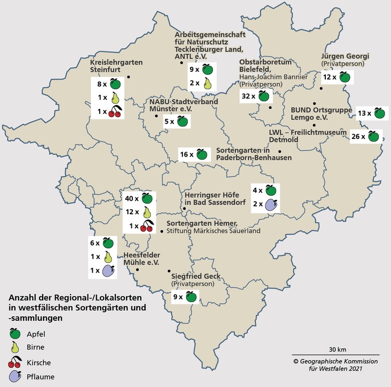 Karte der Sortengärten und Sortensammlungen in Westfalen
