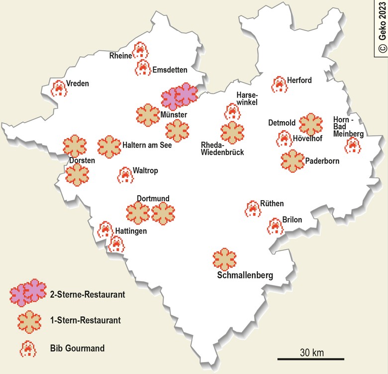 Karten mit den Spitzen-Restaurants in Westfalen 2023 nach Michelin