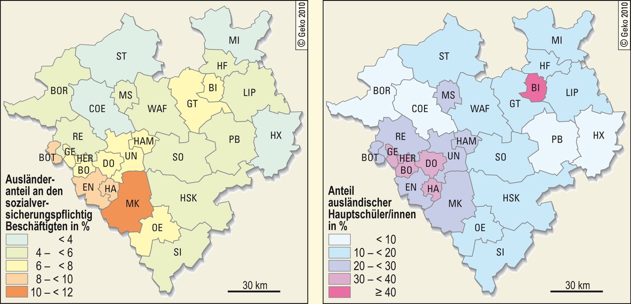 Anteil der ausländischen Beschäftigten an den sozialversicherungspflichtig Beschäftigten insgesamt und der ausländischen Hauptschüler/-innen am Schülerbestand der Hauptschulen 2008