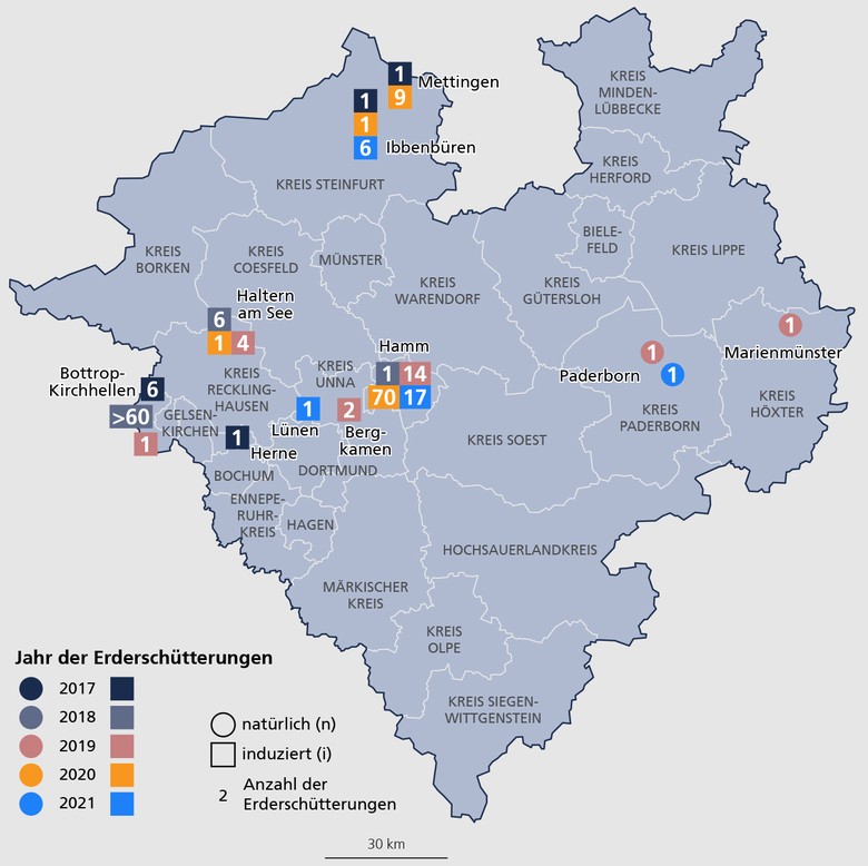 Karte mit registrierten Erderschütterungen in Westfalen vom 01.01.2017 bis zum 31.05.2021