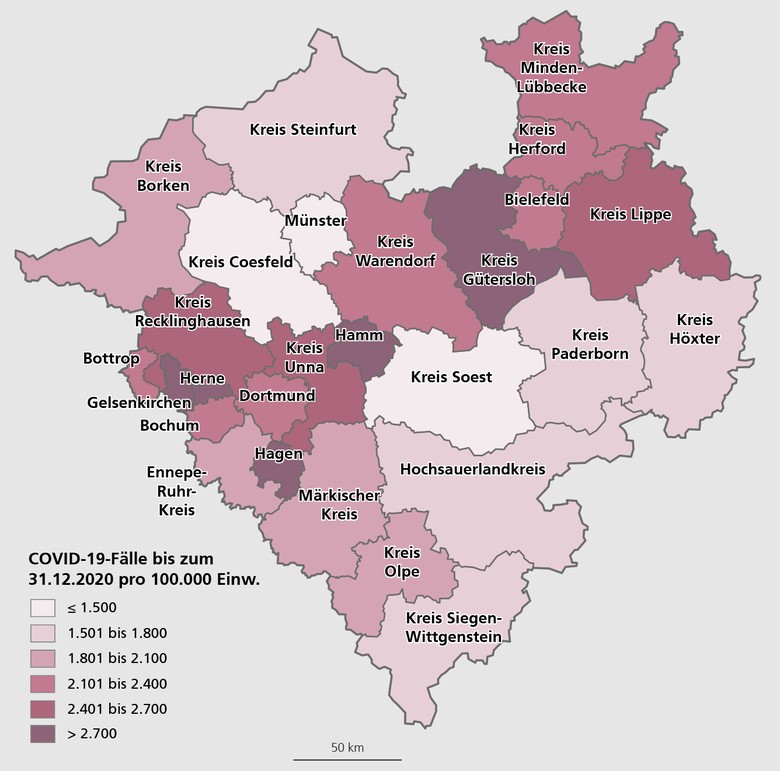Westfalenkarte mit den Gesamtzahlen der laborbestätigten COVID-19-Fälle bis zum 31.12.2020 pro 100.000 Einwohner auf Kreisebene