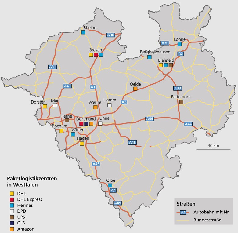 Standorte wichtiger Paketlogistikzentren in Westfalen
