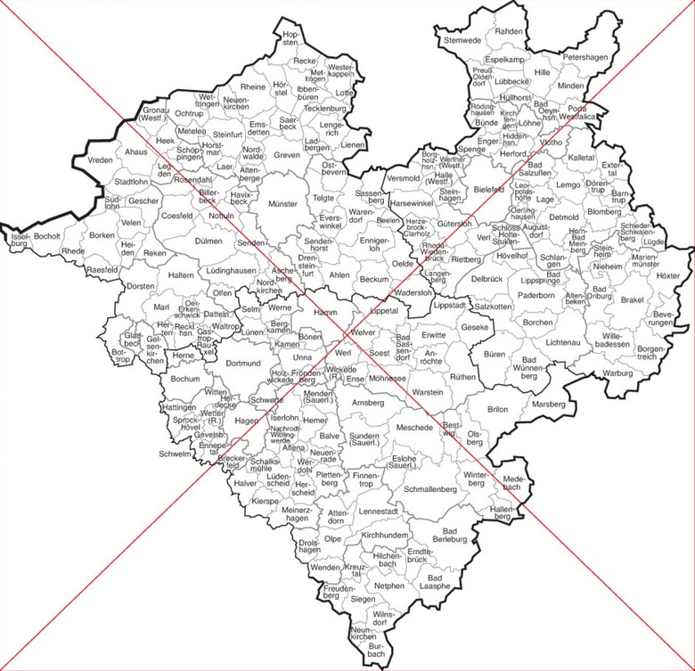 Karte Westfalens mit Mittelpunkt eines Rechteckes, Berechnung geographischer Koordinaten