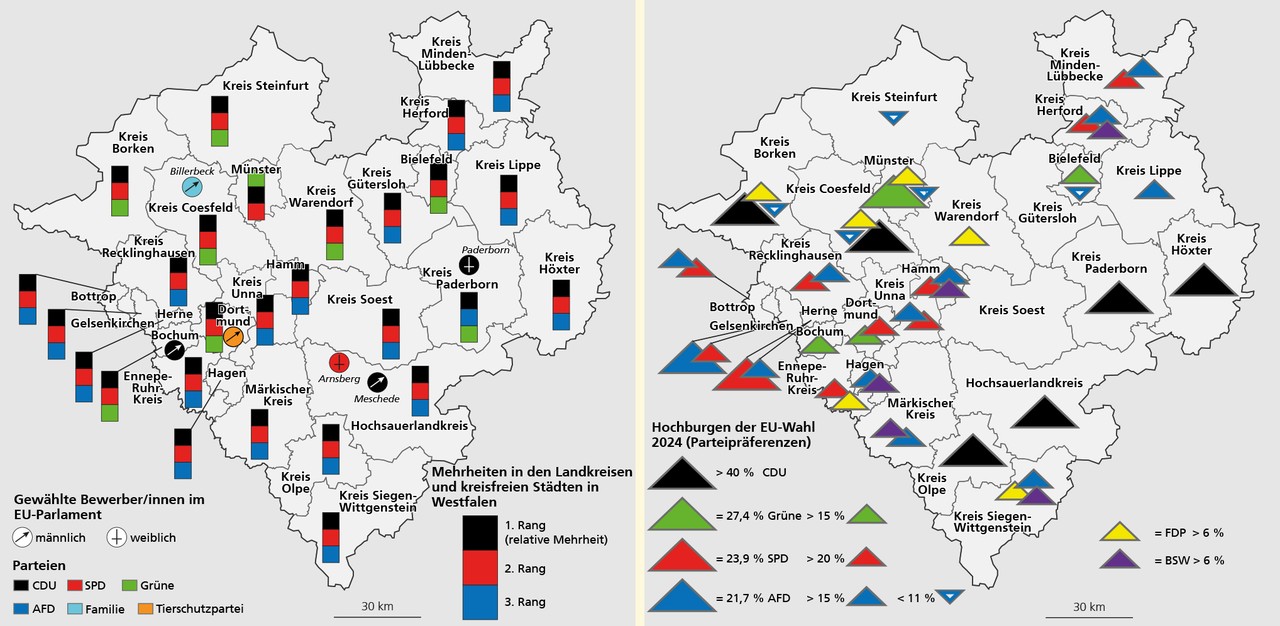 zwei Karten mit den Mehrheiten, den gewählten Bewerber/innen und den Partei-Hochburgen in den Kreisen und kreisfreien Städten Westfalens bei der Europawahl 2024