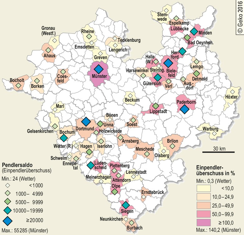 Städte und Gemeinden mit Einpendlerüberschuss – Pendlersaldo und Einpendlerüberschuss in Prozent