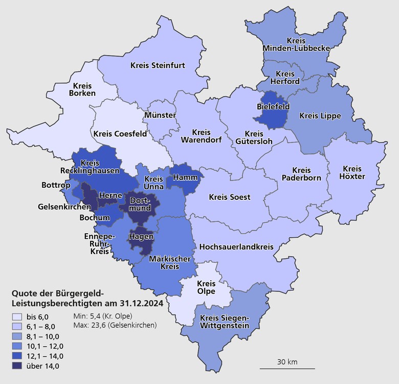 Karte mit den Quoten der Bürgergeld-Leistungsberechtigten in den Kreisen und kreisfreien Städten Westfalens am 31.12.2024